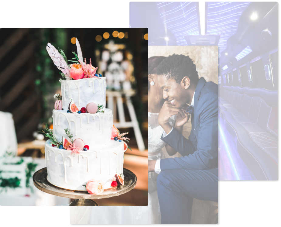 three images layed out left to right: a picture of a wedding cake with fresh figs, image of couple kissing, party bus with neon lights